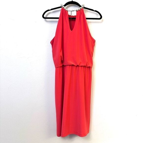 MSK Sleeveless Lined Halter Neck Blouson Mini Dress Coral Pink Size Petite Large - Picture 3 of 6